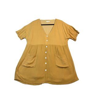 Baevely Mustard Yellow Lagenlook Button Up Tunic Top Boho Womens Size M Western